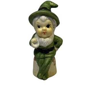 Vintage Ceramic Elf/Gnome Figurine in Green Hat – Crossed Legs - Mid-Century